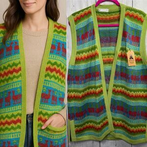 Alpaca Fina Knit Llama Vest Colorful Artisan Sweater Vest Boho Cozy Open Front